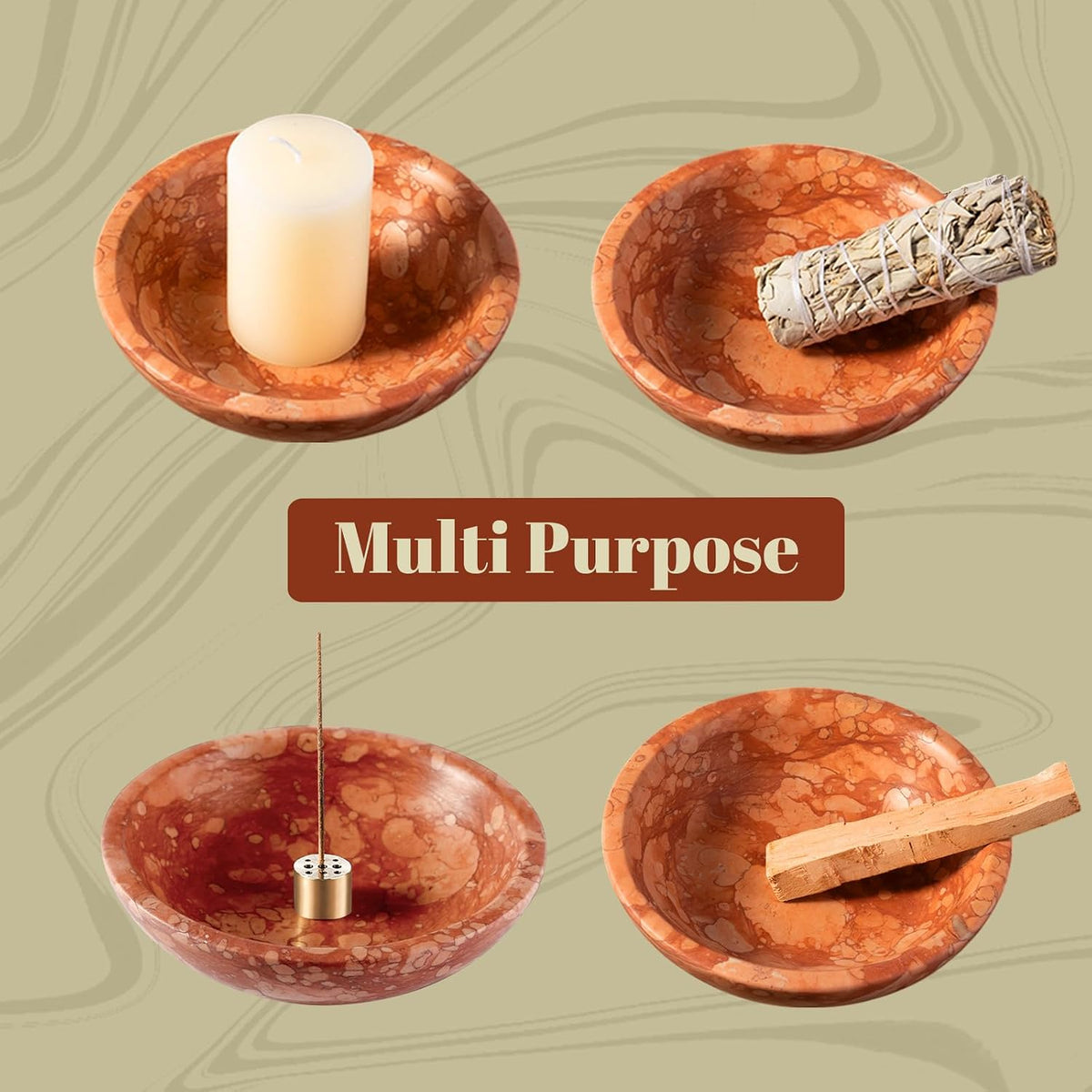 Natural Marble Incense Holder, Incense Holder for Sticks with 9 Holes, Handmade Incense Burner Ash Catcher for Meditation Yoga SPA, Balsam Fir/Palo Santo/Sage/Cone (RoyalBeige)