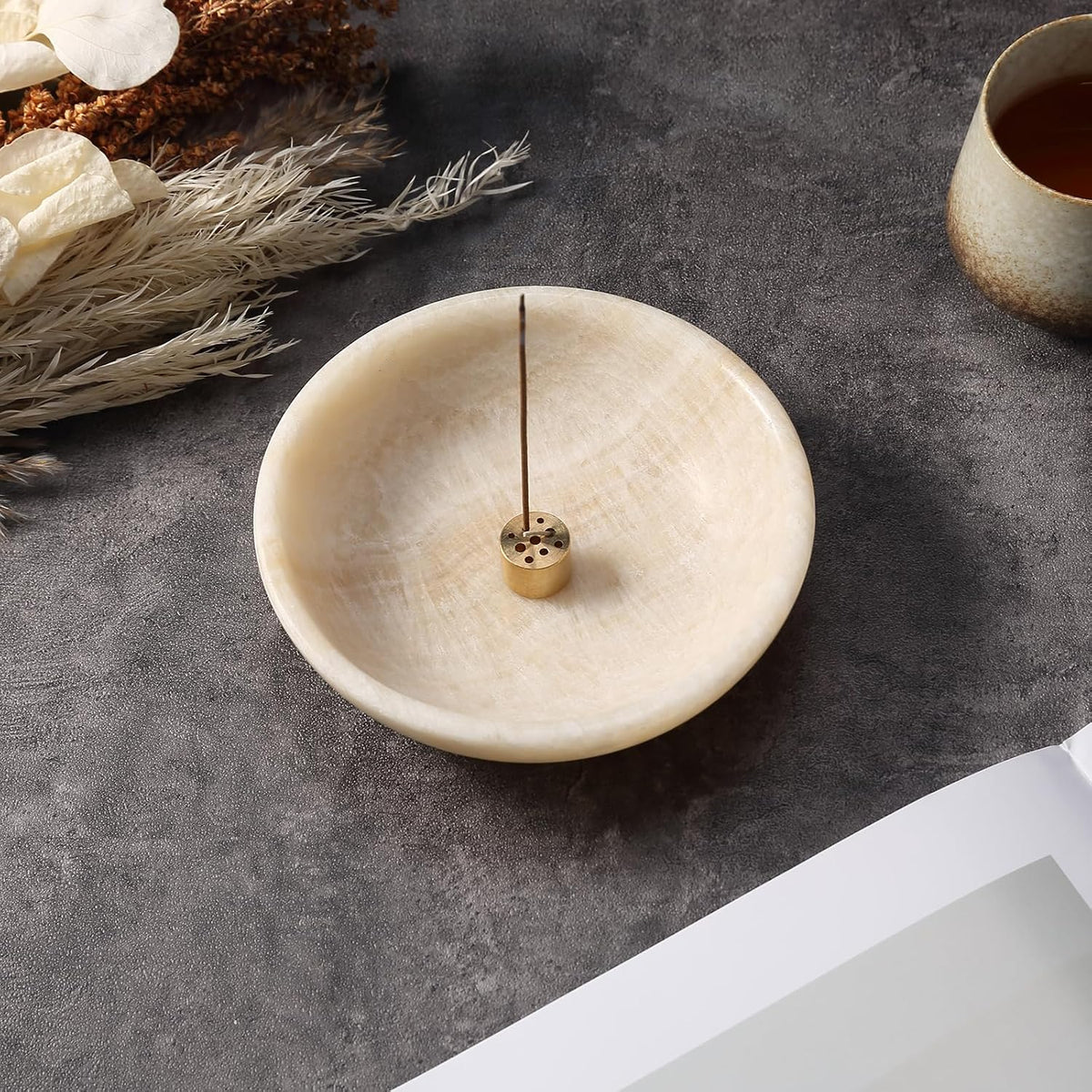Natural Marble Incense Holder, Incense Holder for Sticks with 9 Holes, Handmade Incense Burner Ash Catcher for Meditation Yoga SPA, Balsam Fir/Palo Santo/Sage/Cone (RoyalBeige)
