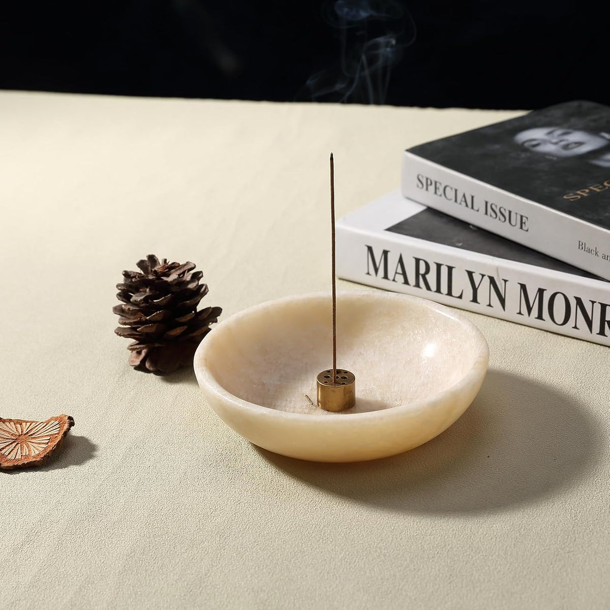 Natural Marble Incense Holder, Incense Holder for Sticks with 9 Holes, Handmade Incense Burner Ash Catcher for Meditation Yoga SPA, Balsam Fir/Palo Santo/Sage/Cone (RoyalBeige)