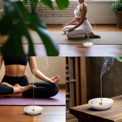 Natural Marble Incense Holder, Incense Holder for Sticks with 9 Holes, Handmade Incense Burner Ash Catcher for Meditation Yoga SPA, Balsam Fir/Palo Santo/Sage/Cone (RoyalBeige)