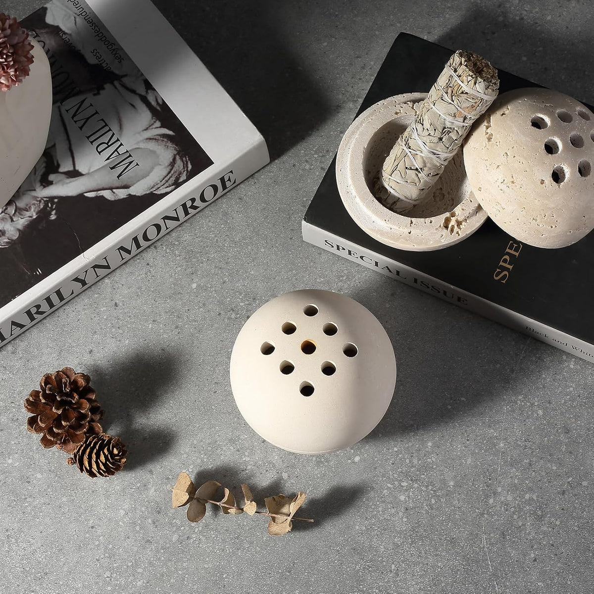 Natural Marble Incense Holder, Incense Holder for Sticks with 9 Holes, Handmade Incense Burner Ash Catcher for Meditation Yoga SPA, Balsam Fir/Palo Santo/Sage/Cone (RoyalBeige)