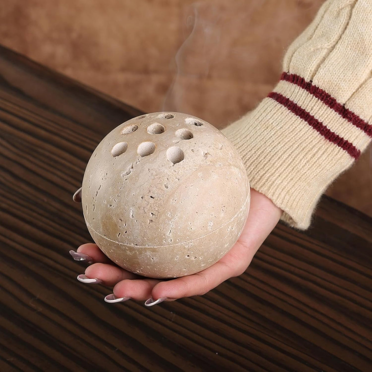 Natural Marble Incense Holder, Incense Holder for Sticks with 9 Holes, Handmade Incense Burner Ash Catcher for Meditation Yoga SPA, Balsam Fir/Palo Santo/Sage/Cone (RoyalBeige)