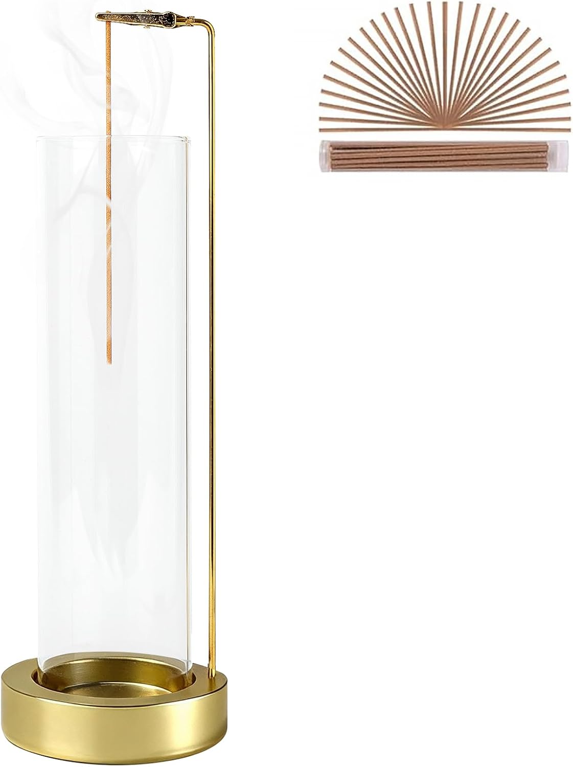 Incense Holder for Sticks, Anti-Ash Flying Incense Burner with 30 Incense Sticks, Detachable Glass Ash Catcher (Wood, Brown)