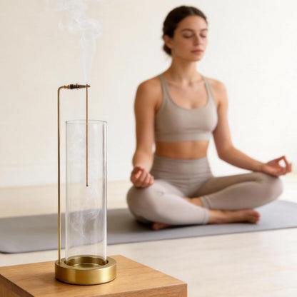 Incense Holder for Sticks, Anti-Ash Flying Incense Burner with 30 Incense Sticks, Detachable Glass Ash Catcher (Wood, Brown)