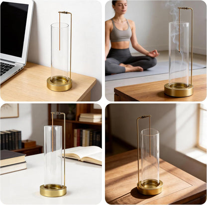Incense Holder for Sticks, Anti-Ash Flying Incense Burner with 30 Incense Sticks, Detachable Glass Ash Catcher (Wood, Brown)