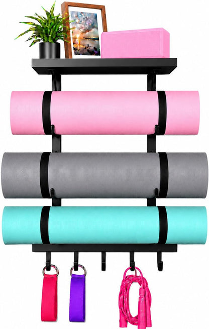 Yoga Mat Holder Wall Mount, Yoga Mats Rack with Double Floating Shelves, Yoga Accessory Storage Rack with 5 Hooks for Resistance Bands and Workout Equipment for Home Gym Storage, Black