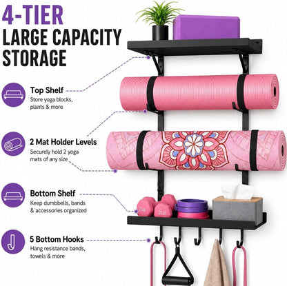 Yoga Mat Holder Wall Mount, Yoga Mats Rack with Double Floating Shelves, Yoga Accessory Storage Rack with 5 Hooks for Resistance Bands and Workout Equipment for Home Gym Storage, Black