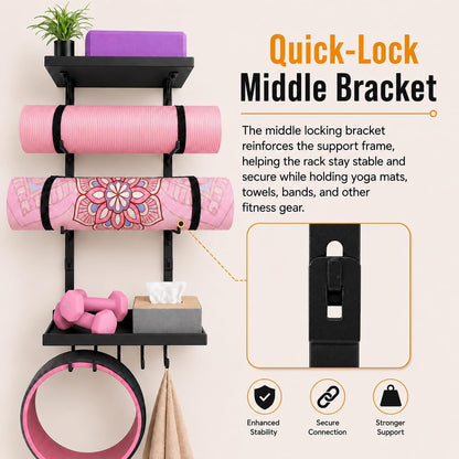 Yoga Mat Holder Wall Mount, Yoga Mats Rack with Double Floating Shelves, Yoga Accessory Storage Rack with 5 Hooks for Resistance Bands and Workout Equipment for Home Gym Storage, Black