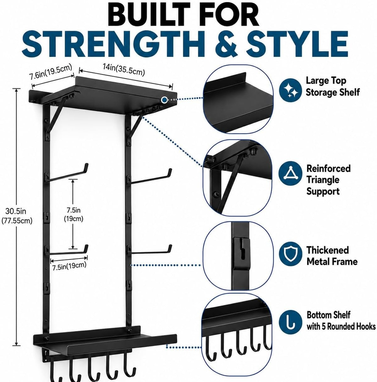 Yoga Mat Holder Wall Mount, Yoga Mats Rack with Double Floating Shelves, Yoga Accessory Storage Rack with 5 Hooks for Resistance Bands and Workout Equipment for Home Gym Storage, Black