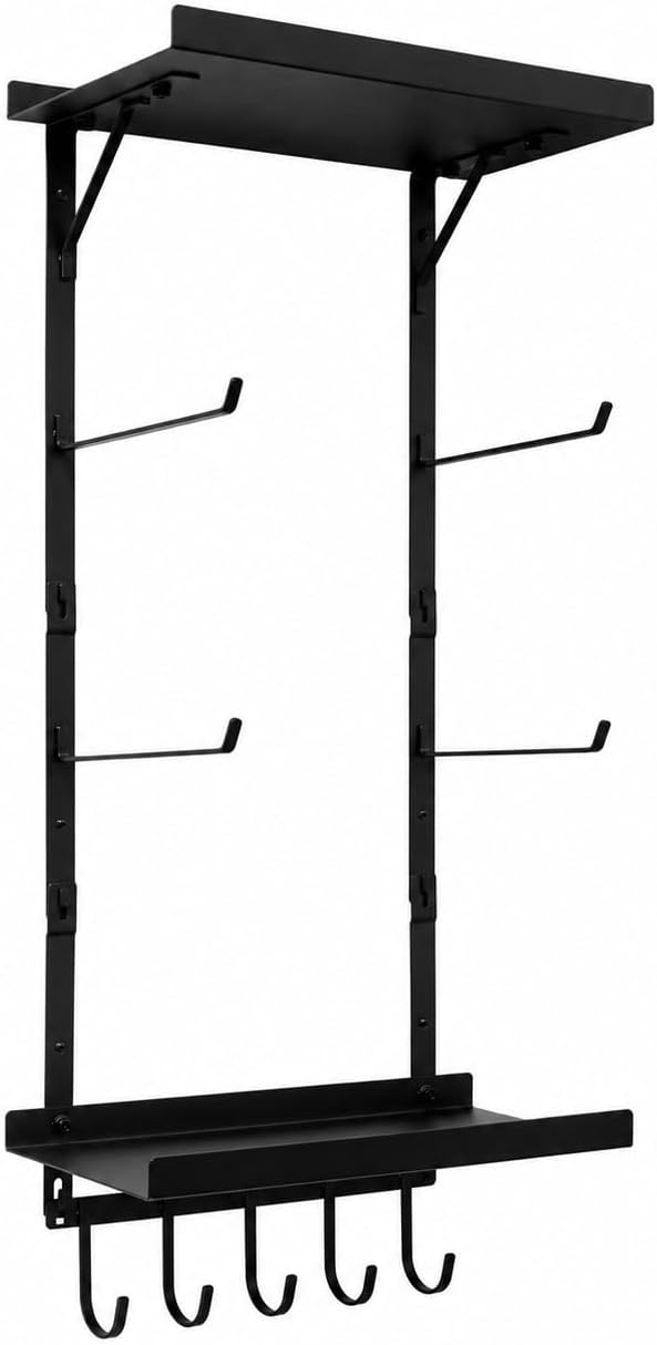 Yoga Mat Holder Wall Mount, Yoga Mats Rack with Double Floating Shelves, Yoga Accessory Storage Rack with 5 Hooks for Resistance Bands and Workout Equipment for Home Gym Storage, Black
