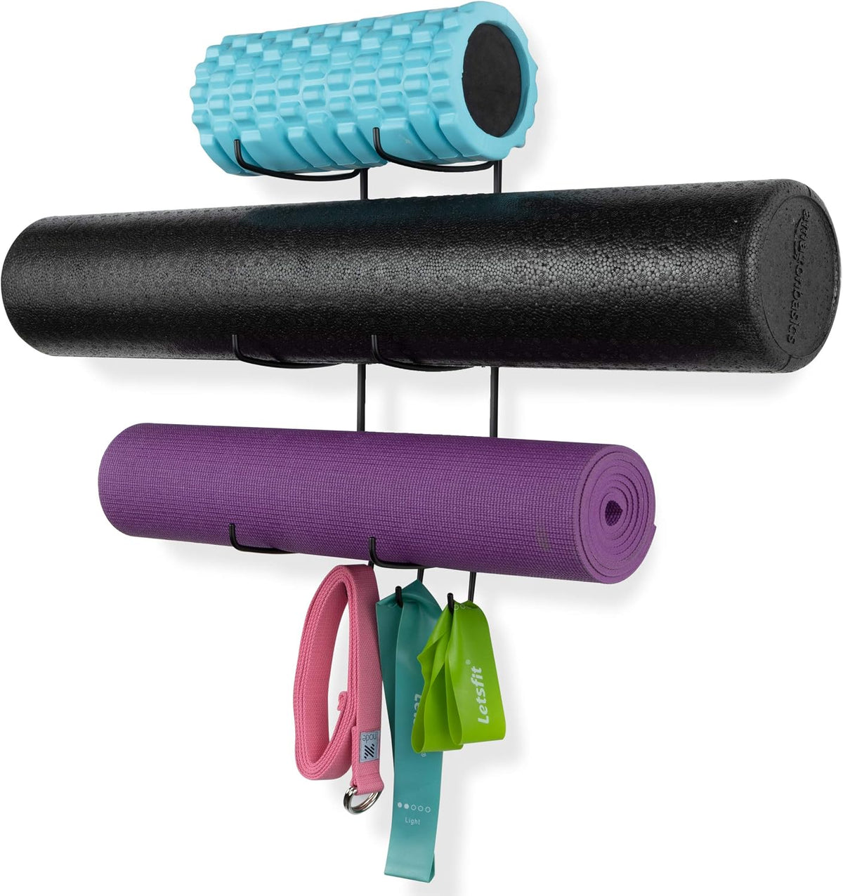 Guru Yoga Mat Holder Wall Mount with 3 Hooks for Hanging Yoga Strap, Resistance Bands, 5-Sectional Metal
