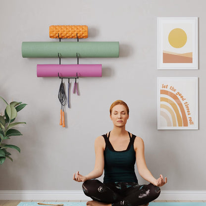 Guru Yoga Mat Holder Wall Mount with 3 Hooks for Hanging Yoga Strap, Resistance Bands, 5-Sectional Metal