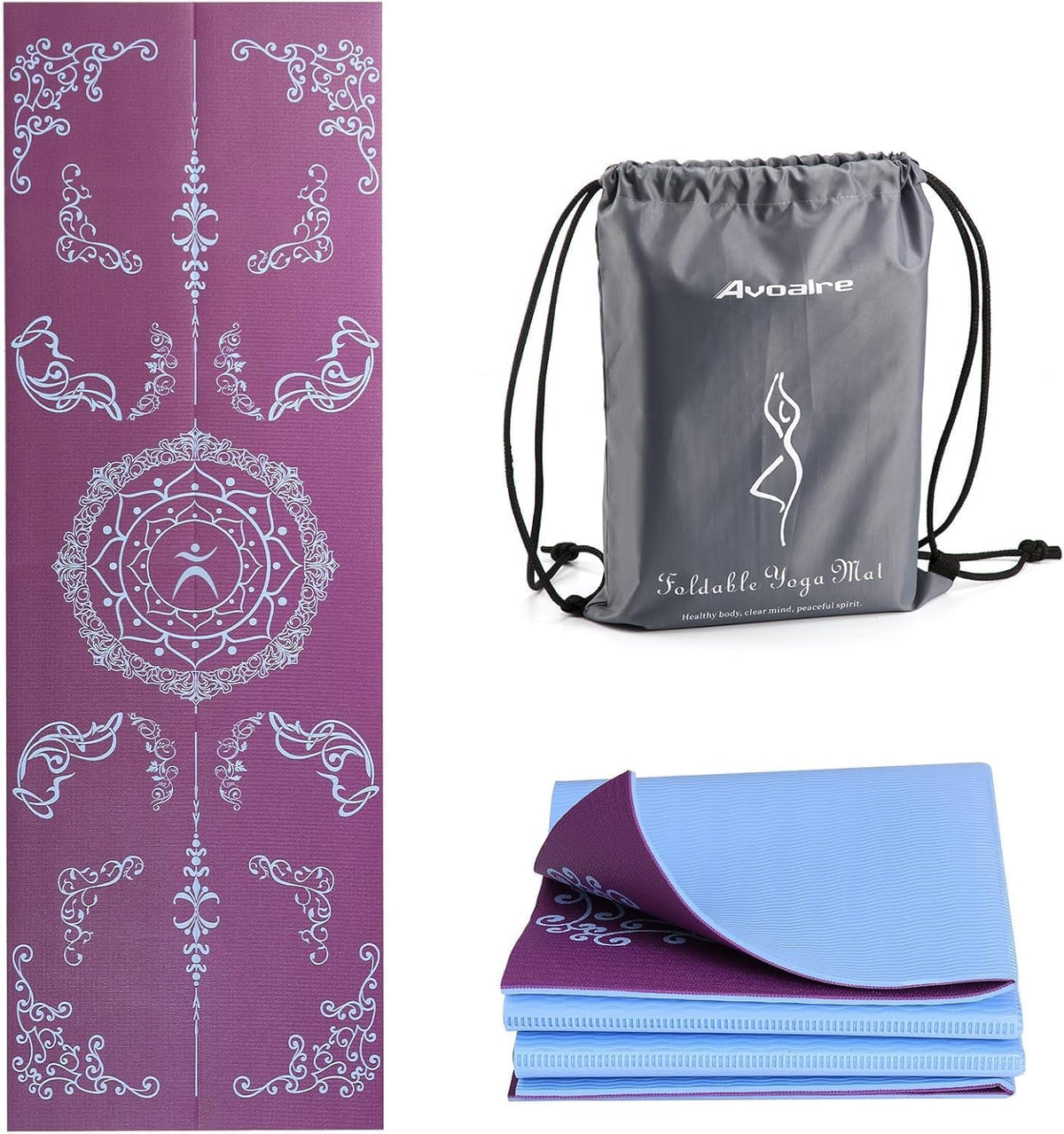 Folding Yoga Mat, 72"x 32"x 0.24" Extra Wide Non-Slip Exercise Fitness Yoga Mats, Eco-Friendly High Density 6mm Thick Print Pilates Mat with Carrying Bag for Women Men Home Workout