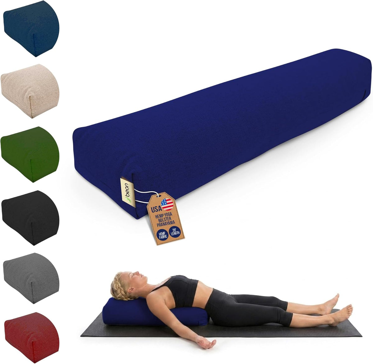 Pranayama Yoga Bolster - Expand Chest for Deeper Breath Work, Made in USA with Eco-Friendly Materials - Studio Grade Firm Pranayama Support Cushion - Natural Cotton, Hemp or Vinyl, 27"L x 6"W x 5"H