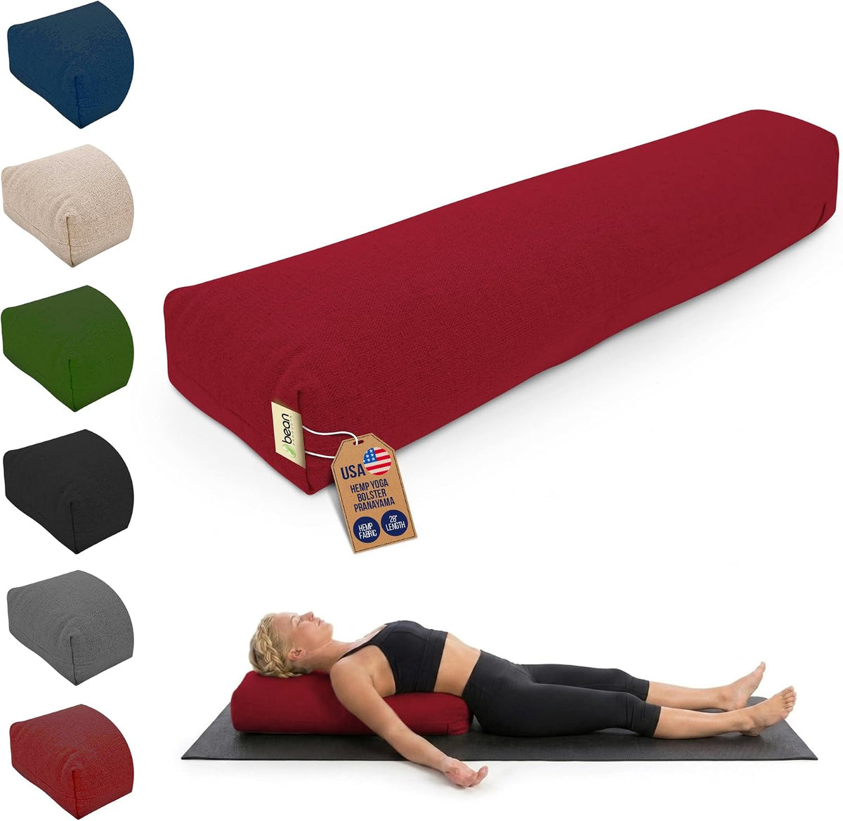 Pranayama Yoga Bolster - Expand Chest for Deeper Breath Work, Made in USA with Eco-Friendly Materials - Studio Grade Firm Pranayama Support Cushion - Natural Cotton, Hemp or Vinyl, 27"L x 6"W x 5"H
