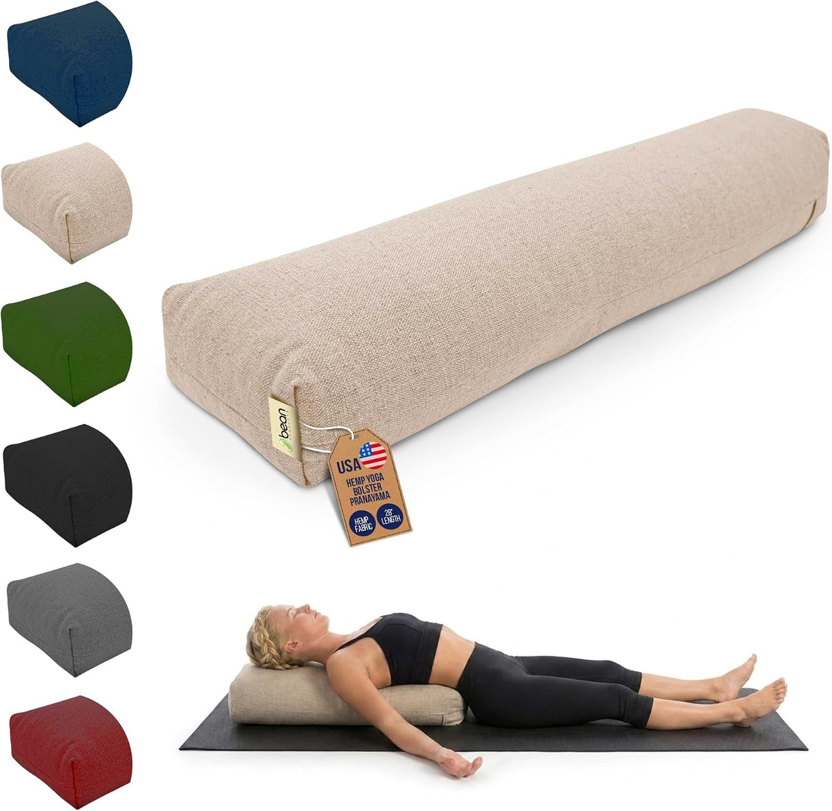 Pranayama Yoga Bolster - Expand Chest for Deeper Breath Work, Made in USA with Eco-Friendly Materials - Studio Grade Firm Pranayama Support Cushion - Natural Cotton, Hemp or Vinyl, 27"L x 6"W x 5"H