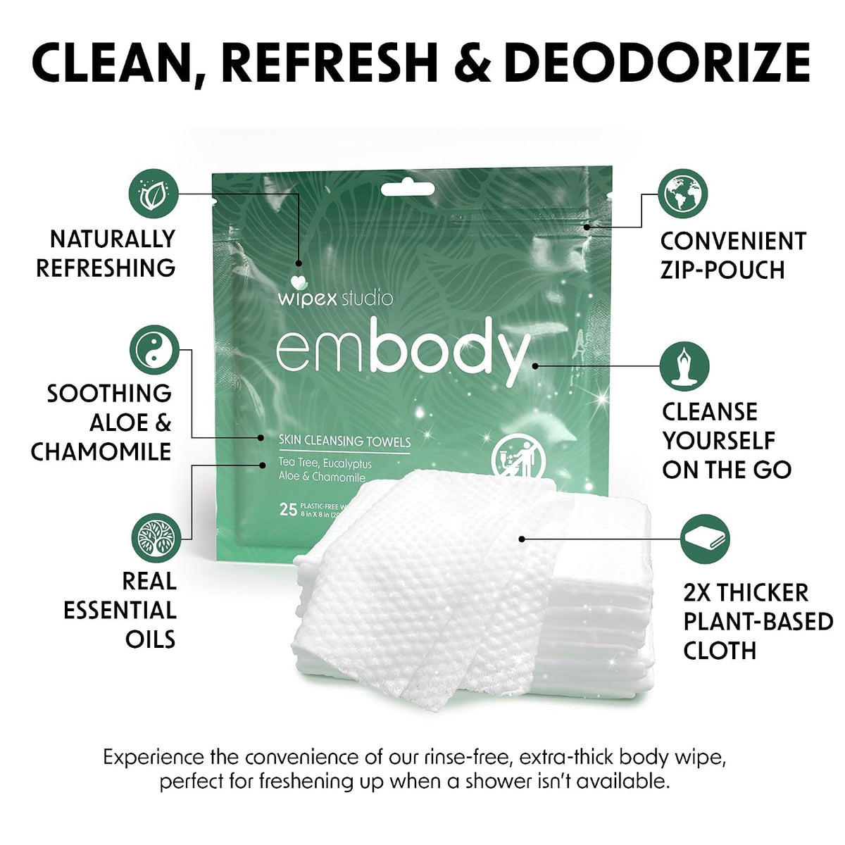 Embody Body Wipes, EWG VERIFIED, 25 Count Travel Pack, Tea Tree & Eucalyptus with Aloe & Chamomile, No-Rinse After Workout Wipes for Gym, Yoga, Sports & Travel