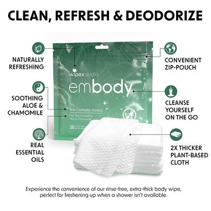 Embody Body Wipes, EWG VERIFIED, 25 Count Travel Pack, Tea Tree & Eucalyptus with Aloe & Chamomile, No-Rinse After Workout Wipes for Gym, Yoga, Sports & Travel