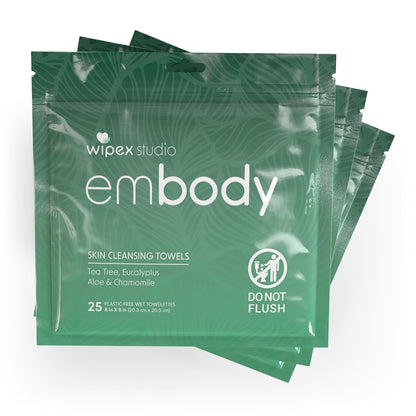 Embody Body Wipes, EWG VERIFIED, 25 Count Travel Pack, Tea Tree & Eucalyptus with Aloe & Chamomile, No-Rinse After Workout Wipes for Gym, Yoga, Sports & Travel