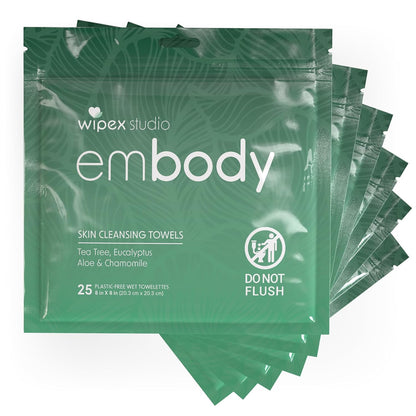 Embody Body Wipes, EWG VERIFIED, 25 Count Travel Pack, Tea Tree & Eucalyptus with Aloe & Chamomile, No-Rinse After Workout Wipes for Gym, Yoga, Sports & Travel