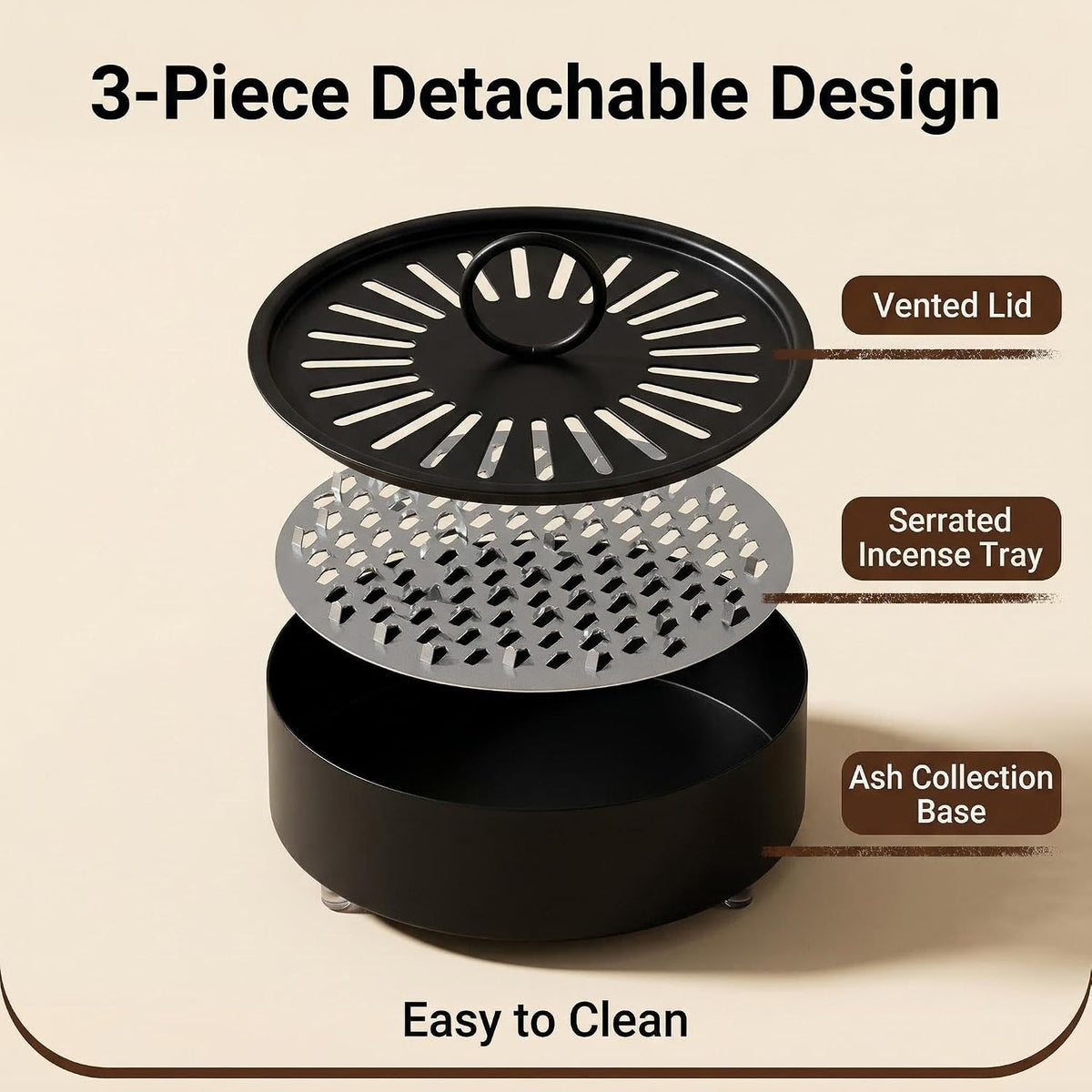3 Pcs Large Carbon Steel Mosquito Coil Holder with Heat-Resistant Handle, Charcoal Black Iron Incense Burner for Indoor & Outdoor, Patio, Garden, Camping