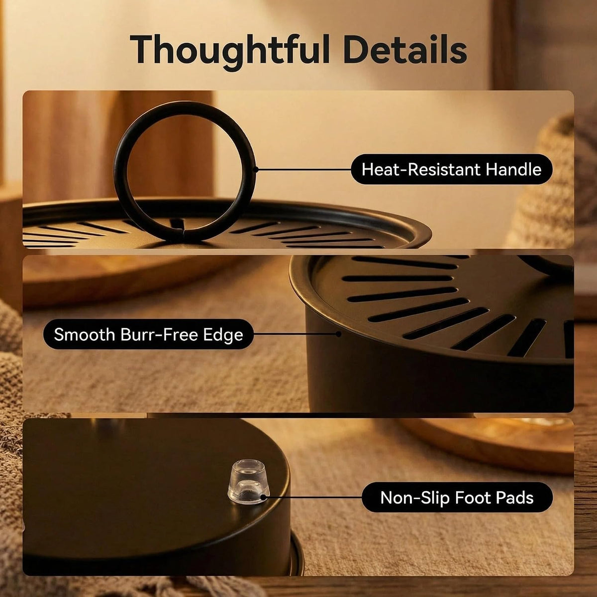 3 Pcs Large Carbon Steel Mosquito Coil Holder with Heat-Resistant Handle, Charcoal Black Iron Incense Burner for Indoor & Outdoor, Patio, Garden, Camping