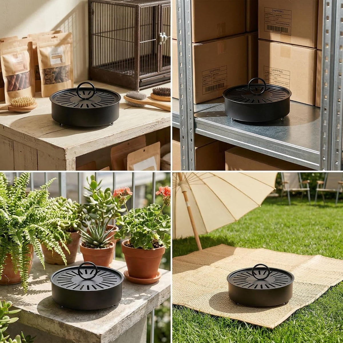 3 Pcs Large Carbon Steel Mosquito Coil Holder with Heat-Resistant Handle, Charcoal Black Iron Incense Burner for Indoor & Outdoor, Patio, Garden, Camping