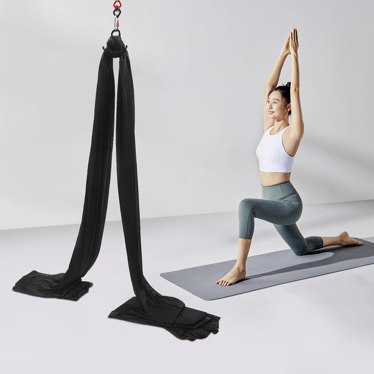16.4FT 5 m Aerial Yoga Swing Sling Strong Yoga Hammock Kit, Aerial Silks Equipment Set, 440.92 Max Load Capacity, Black