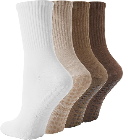 Pilates Socks with Grips for Women, 4 Pairs Non Slip Grippy Socks