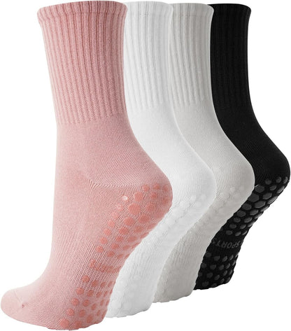 Pilates Socks with Grips for Women, 4 Pairs Non Slip Grippy Socks