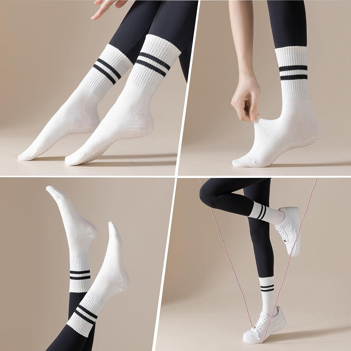 Pilates Socks with Grips for Women, 4 Pairs Non Slip Grippy Socks