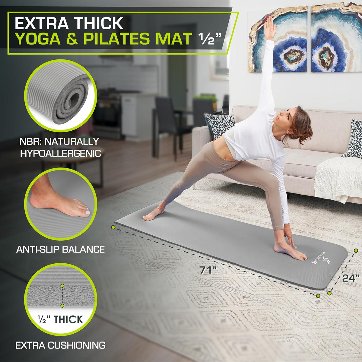 Extra Thick Yoga and Pilates Mat, 71-inch Long High Density Exercise Mat with Comfort Foam and Carrying Strap