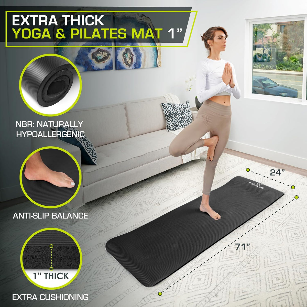 Extra Thick Yoga and Pilates Mat, 71-inch Long High Density Exercise Mat with Comfort Foam and Carrying Strap