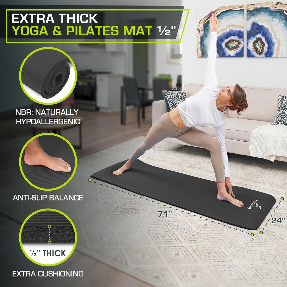 Extra Thick Yoga and Pilates Mat, 71-inch Long High Density Exercise Mat with Comfort Foam and Carrying Strap