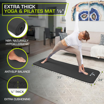 Extra Thick Yoga and Pilates Mat, 71-inch Long High Density Exercise Mat with Comfort Foam and Carrying Strap