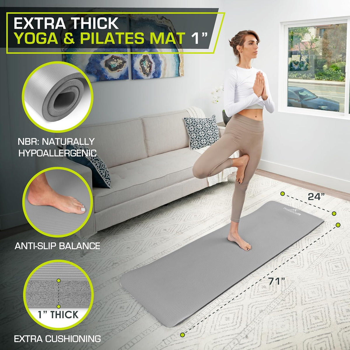 Extra Thick Yoga and Pilates Mat, 71-inch Long High Density Exercise Mat with Comfort Foam and Carrying Strap