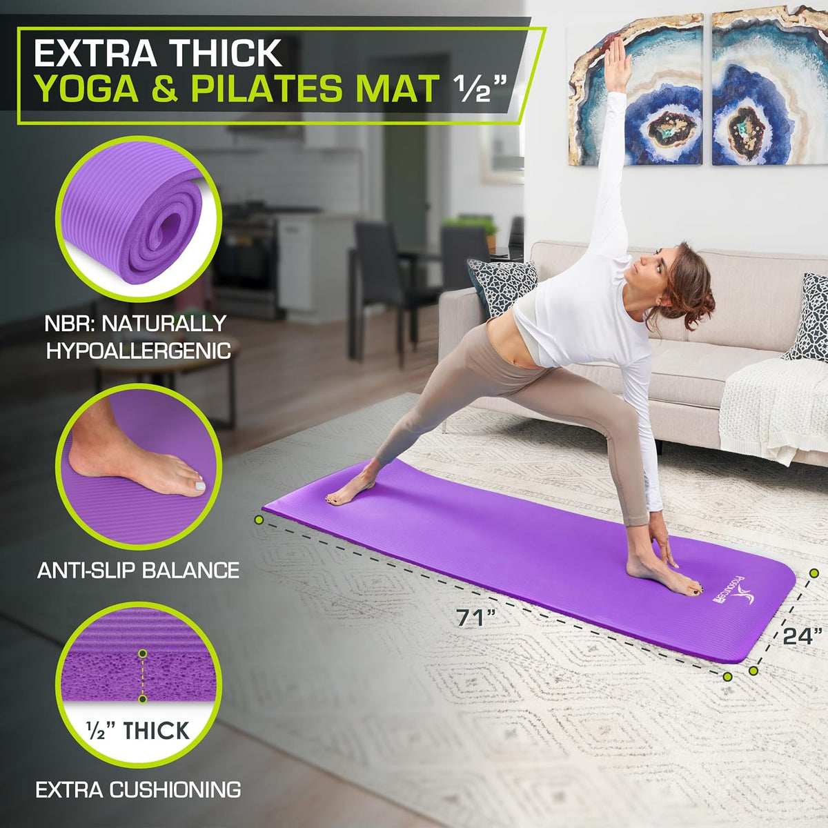 Extra Thick Yoga and Pilates Mat, 71-inch Long High Density Exercise Mat with Comfort Foam and Carrying Strap