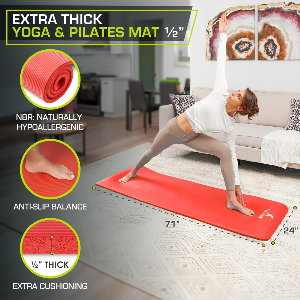 Extra Thick Yoga and Pilates Mat, 71-inch Long High Density Exercise Mat with Comfort Foam and Carrying Strap