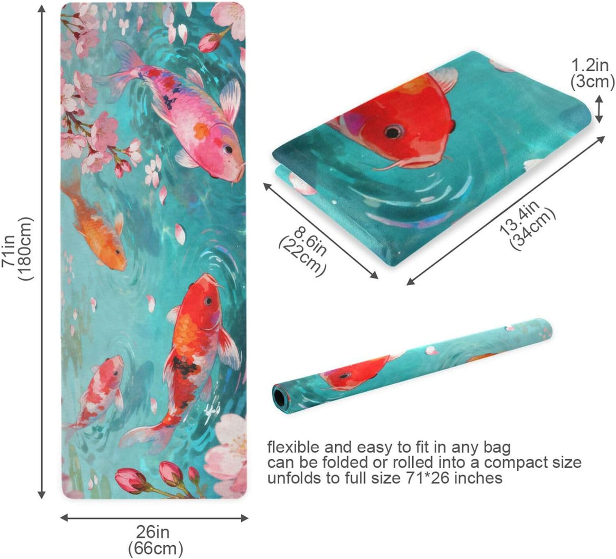 Cherry Blossom kois Fish travel yoga mat for pilates printed, non slip, yoga non slip towel with bags tapete para ejercicio 71x26 inches