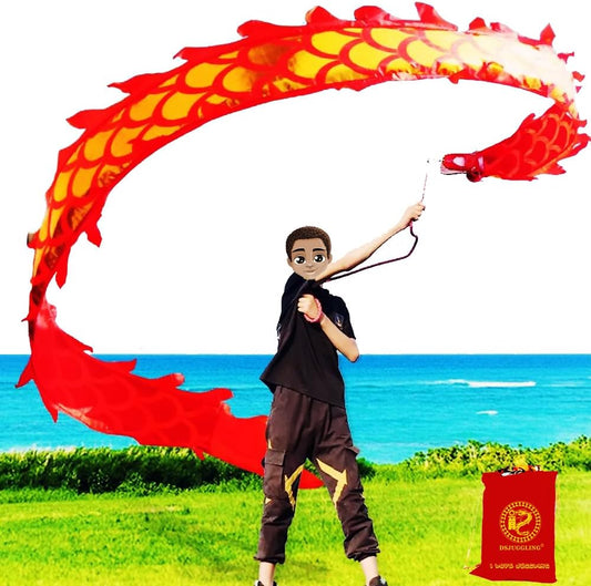 16.4 FT (5 Meters) Golden Red Dragon Poi with 3D Dragon Head & Swing Rope Combo for Beginners, Lightweight Flowy Dragon Ribbon Streamer Outdoor Fitness Stage Prop Set