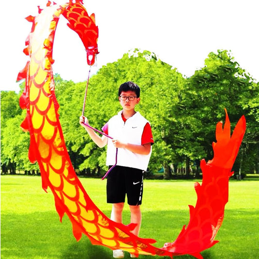 16.4 FT (5 Meters) Golden Red Dragon Poi with 3D Dragon Head & Swing Rope Combo for Beginners, Lightweight Flowy Dragon Ribbon Streamer Outdoor Fitness Stage Prop Set