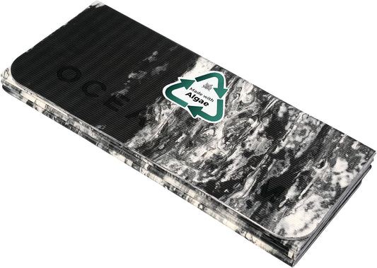 Travel Workout Mat – 0.3" Thick Folding Exercise Mat for Yoga, Pilates, & Fitness – Non-Slip with Cotton Carrying Strap, Made with Sustainable Algae Foam – 24" x 72" (Black Marbled)