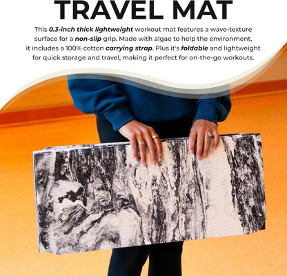 Travel Workout Mat – 0.3" Thick Folding Exercise Mat for Yoga, Pilates, & Fitness – Non-Slip with Cotton Carrying Strap, Made with Sustainable Algae Foam – 24" x 72" (Black Marbled)