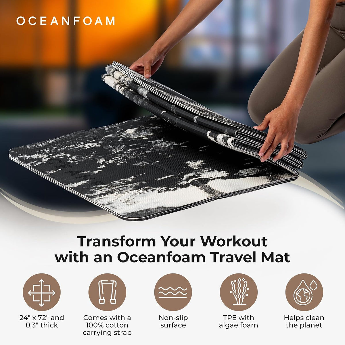 Travel Workout Mat – 0.3" Thick Folding Exercise Mat for Yoga, Pilates, & Fitness – Non-Slip with Cotton Carrying Strap, Made with Sustainable Algae Foam – 24" x 72" (Black Marbled)