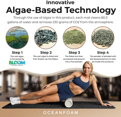 Travel Workout Mat – 0.3" Thick Folding Exercise Mat for Yoga, Pilates, & Fitness – Non-Slip with Cotton Carrying Strap, Made with Sustainable Algae Foam – 24" x 72" (Black Marbled)