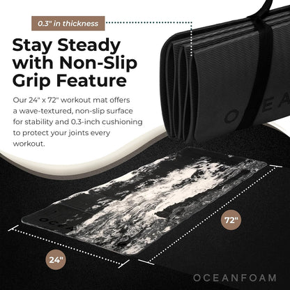 Travel Workout Mat – 0.3" Thick Folding Exercise Mat for Yoga, Pilates, & Fitness – Non-Slip with Cotton Carrying Strap, Made with Sustainable Algae Foam – 24" x 72" (Black Marbled)