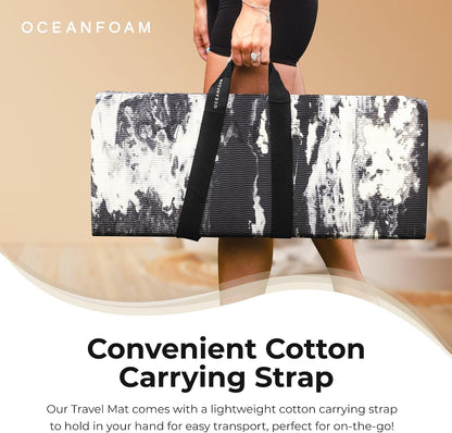 Travel Workout Mat – 0.3" Thick Folding Exercise Mat for Yoga, Pilates, & Fitness – Non-Slip with Cotton Carrying Strap, Made with Sustainable Algae Foam – 24" x 72" (Black Marbled)