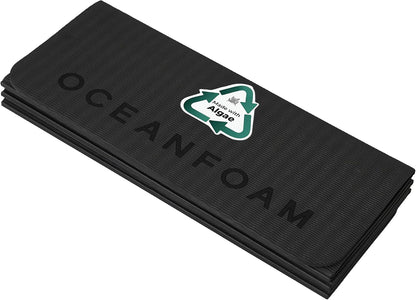 Travel Workout Mat – 0.3" Thick Folding Exercise Mat for Yoga, Pilates, & Fitness – Non-Slip with Cotton Carrying Strap, Made with Sustainable Algae Foam – 24" x 72" (Black Marbled)