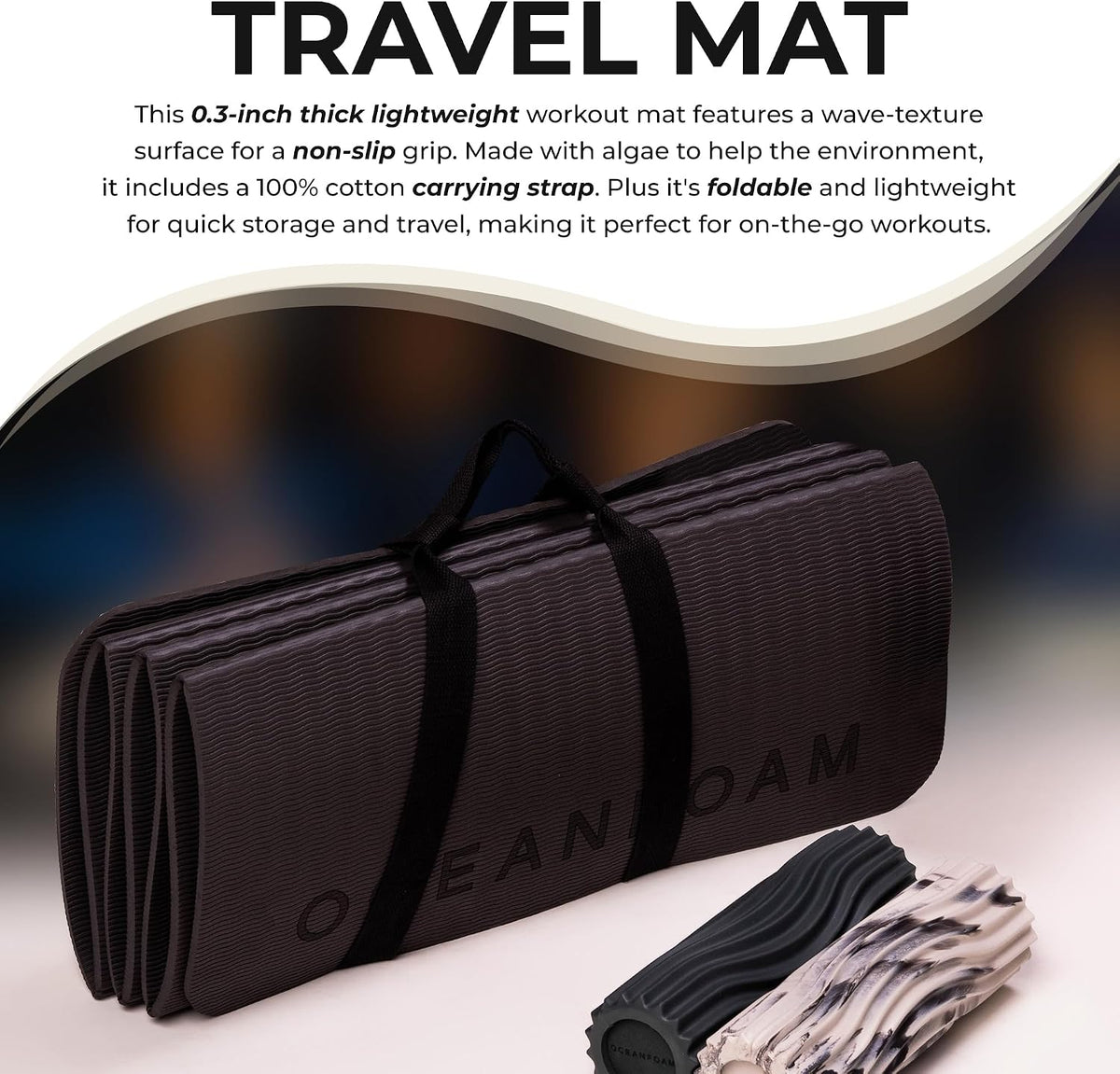 Travel Workout Mat – 0.3" Thick Folding Exercise Mat for Yoga, Pilates, & Fitness – Non-Slip with Cotton Carrying Strap, Made with Sustainable Algae Foam – 24" x 72" (Black Marbled)