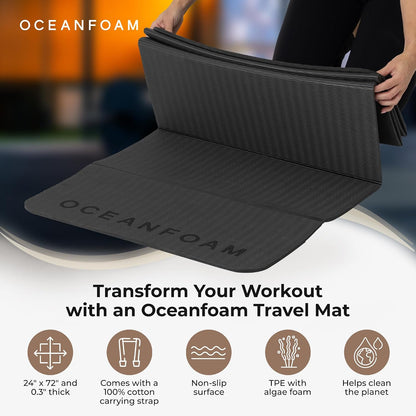 Travel Workout Mat – 0.3" Thick Folding Exercise Mat for Yoga, Pilates, & Fitness – Non-Slip with Cotton Carrying Strap, Made with Sustainable Algae Foam – 24" x 72" (Black Marbled)